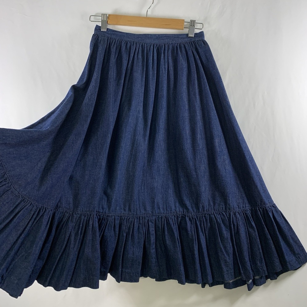 VTG Prairie Full Gathered Ruffle Hem Denim Midi Skirt Size XS Western Cottage